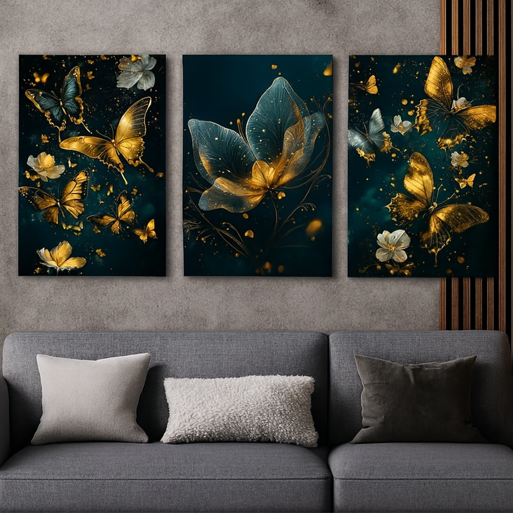 3 Pcs Butterfly Wall Art Frame Set – Elegant Golden Butterfly And Floral Design With Wooden Sticky Tile – 8x11 Inches With Double Tape - Image 3