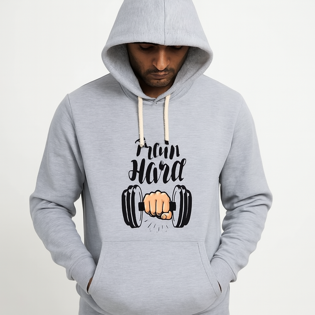 Train Hard Grey Hoodie for Men & Boys – Premium Summer Collection - Image 3