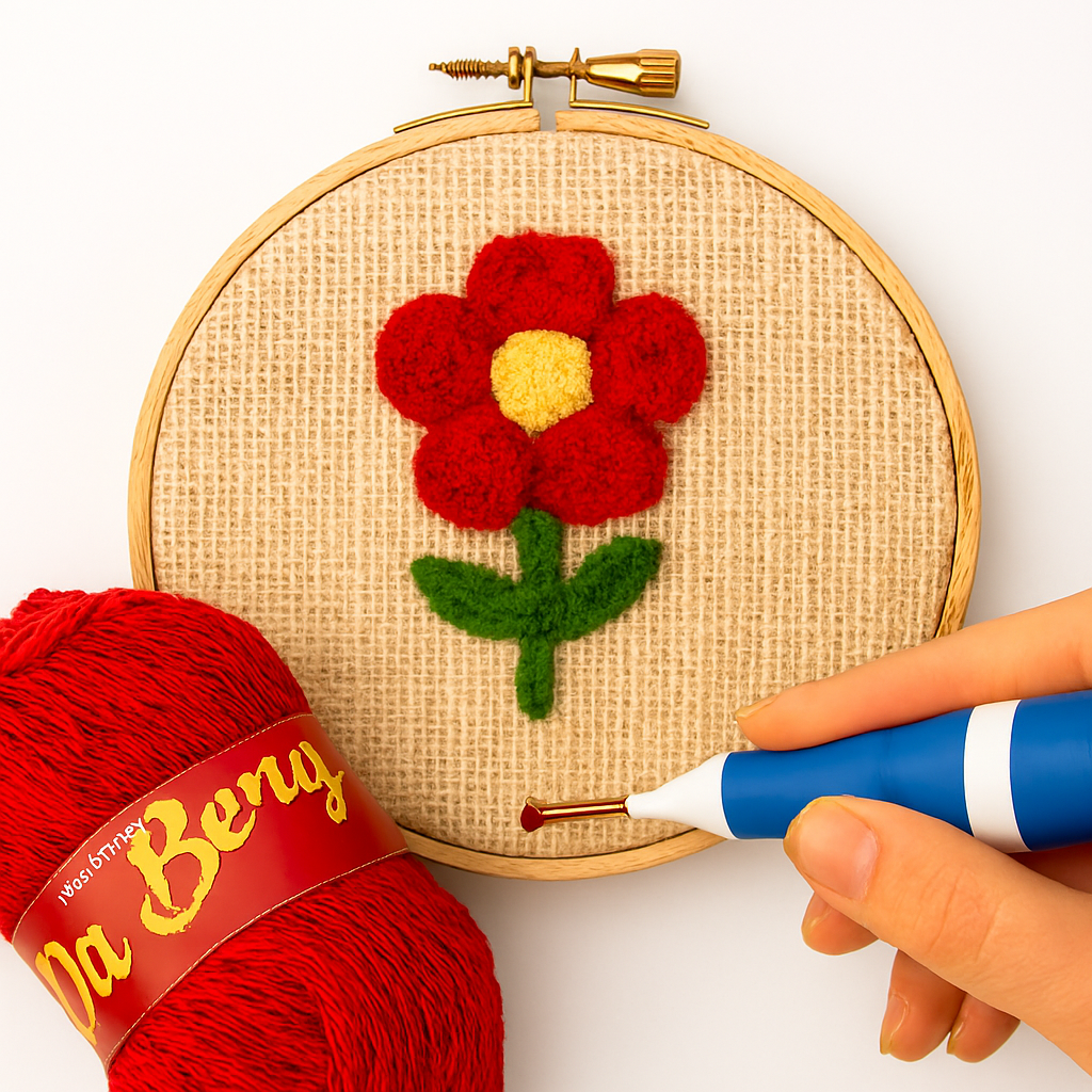 3D Embroidery Punch Needle Kit with 10 Inch Wooden Hoop, Jute Cloth (20x36 inch), Thread, Scissors & Tools – Complete Handcraft Embroidery Set (Maroon Yarn) - Image 3