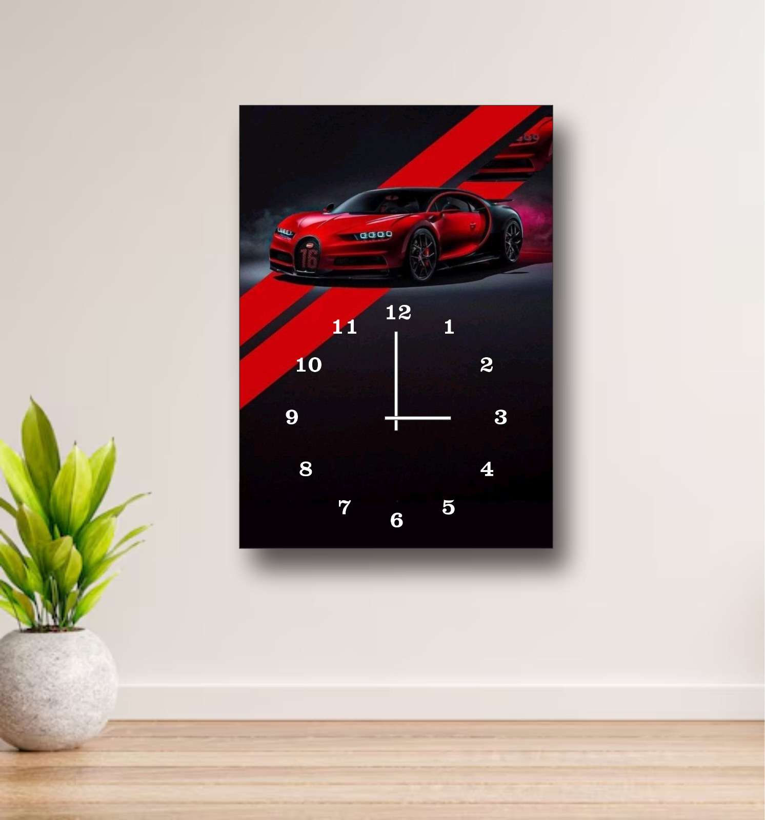Luxury Sports Car Wall Clock – Bugatti Chiron Design, 12x16” Wooden Frame (Without Battery)