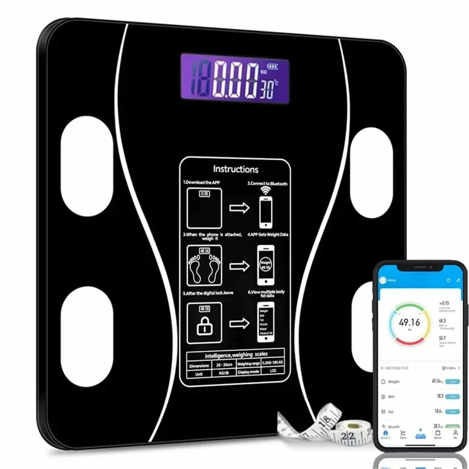Smart Wireless Bluetooth Digital Weight Scale – Max 180kg, Precision D=50g, Body Weight Monitoring