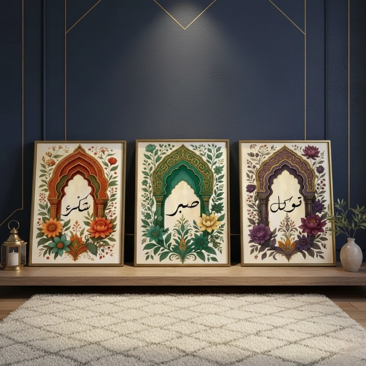 Tawakkul | Sabar | Shukar Wooden Sticky Wall Art – 3 Piece Islamic Motivational Frame Set, 8x11 inch Each with Easy Sticky Tape Installation - Image 4