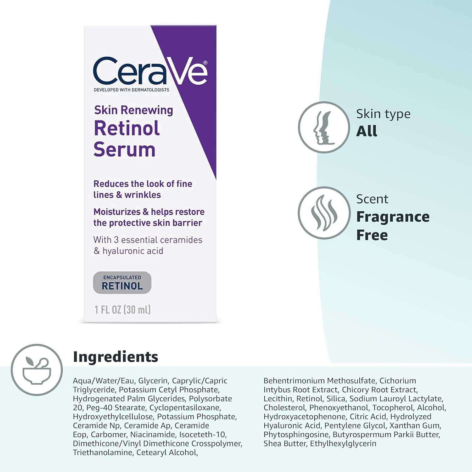 CeraVe, Skin Renewing Retinol Serum, (30 ml) lCeraVe Skin Renewing Serum with Retinol – Anti-Aging & Smoothing Formula(30 ml) l