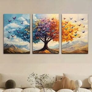 3 Piece Tree & Butterfly Wall Art – Wooden Sticky Tile Frames with Self-Adhesive Tape for Easy Home Decoration