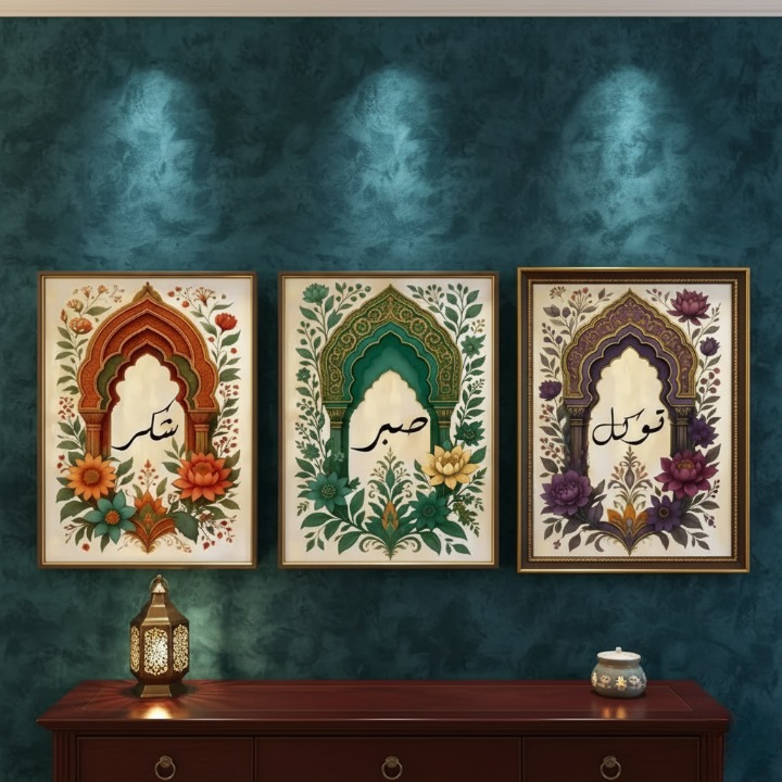 Tawakkul | Sabar | Shukar Wooden Sticky Wall Art – 3 Piece Islamic Motivational Frame Set, 8x11 inch Each with Easy Sticky Tape Installation - Image 3