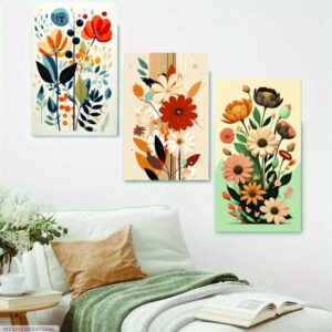 Set of 3 Floral Wall Frames – Wooden Decorative Art in 8x11 & 12x16 Inches with Double Tape for Easy Mounting