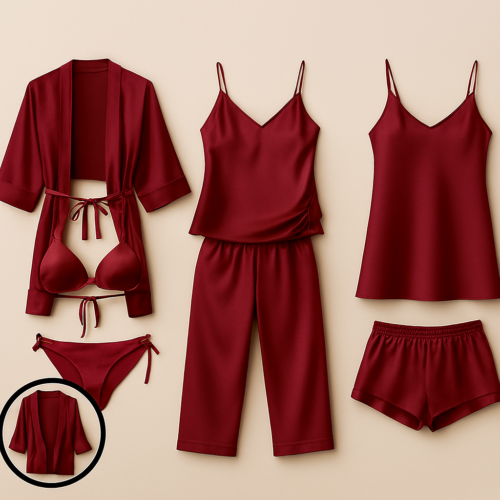 7-Piece Satin Sleepwear & Lingerie Set for Women – Luxury Nightwear Collection with Robe, Slip Dress, Camisole & More (DC-7001) - Image 2