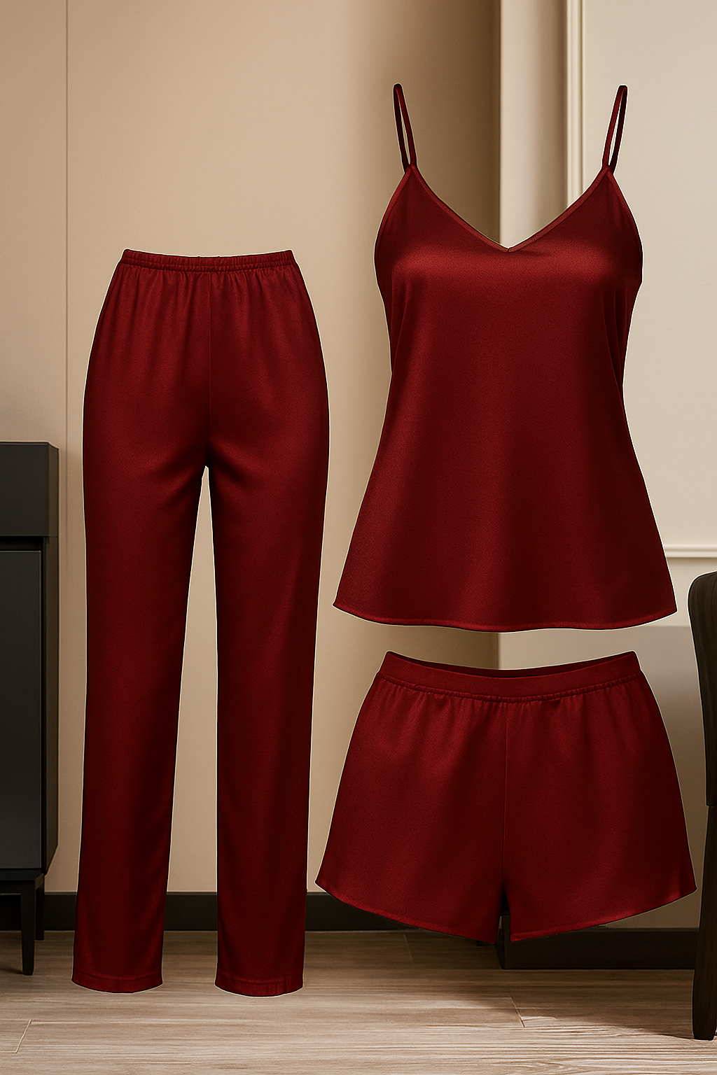 3-Piece Satin Sleepwear Set for Women | Camisole with Pajama & Shorts Combo | Free Size 28–38 | Available in Maroon, Black & Blue (DC-3005) - Image 3