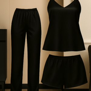  3-Piece Satin Sleepwear Set for Women | Camisole with Pajama & Shorts Combo | Free Size 28–38 | Available in Maroon, Black & Blue (DC-3005)