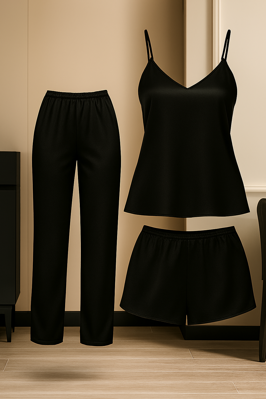 3-Piece Satin Sleepwear Set for Women | Camisole with Pajama & Shorts Combo | Free Size 28–38 | Available in Maroon, Black & Blue (DC-3005)