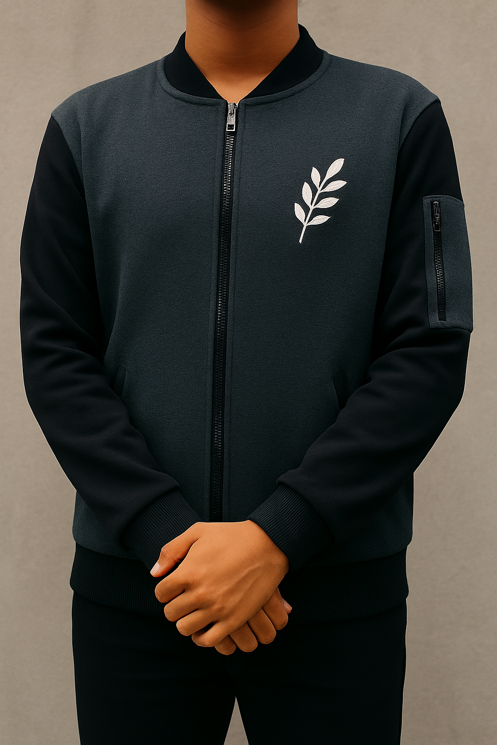 New Winter Collection Charcoal Grey Leaf Printed Zipper Jacket for Men & Boys – Warm & Stylish Fleece Outerwear