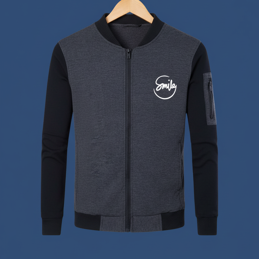New Winter Collection Charcoal Grey “Smile” Printed Zipper Jacket for Men & Boys – Premium French Fleece, Stylish, Warm & Comfortable Winter Wear (M, L, XL) - Image 2