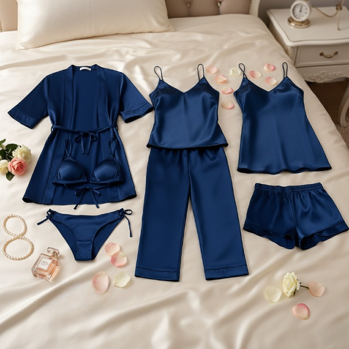 7-Piece Satin Sleepwear & Lingerie Set for Women – Luxury Nightwear Collection with Robe, Slip Dress, Camisole & More (DC-7001) - Image 4