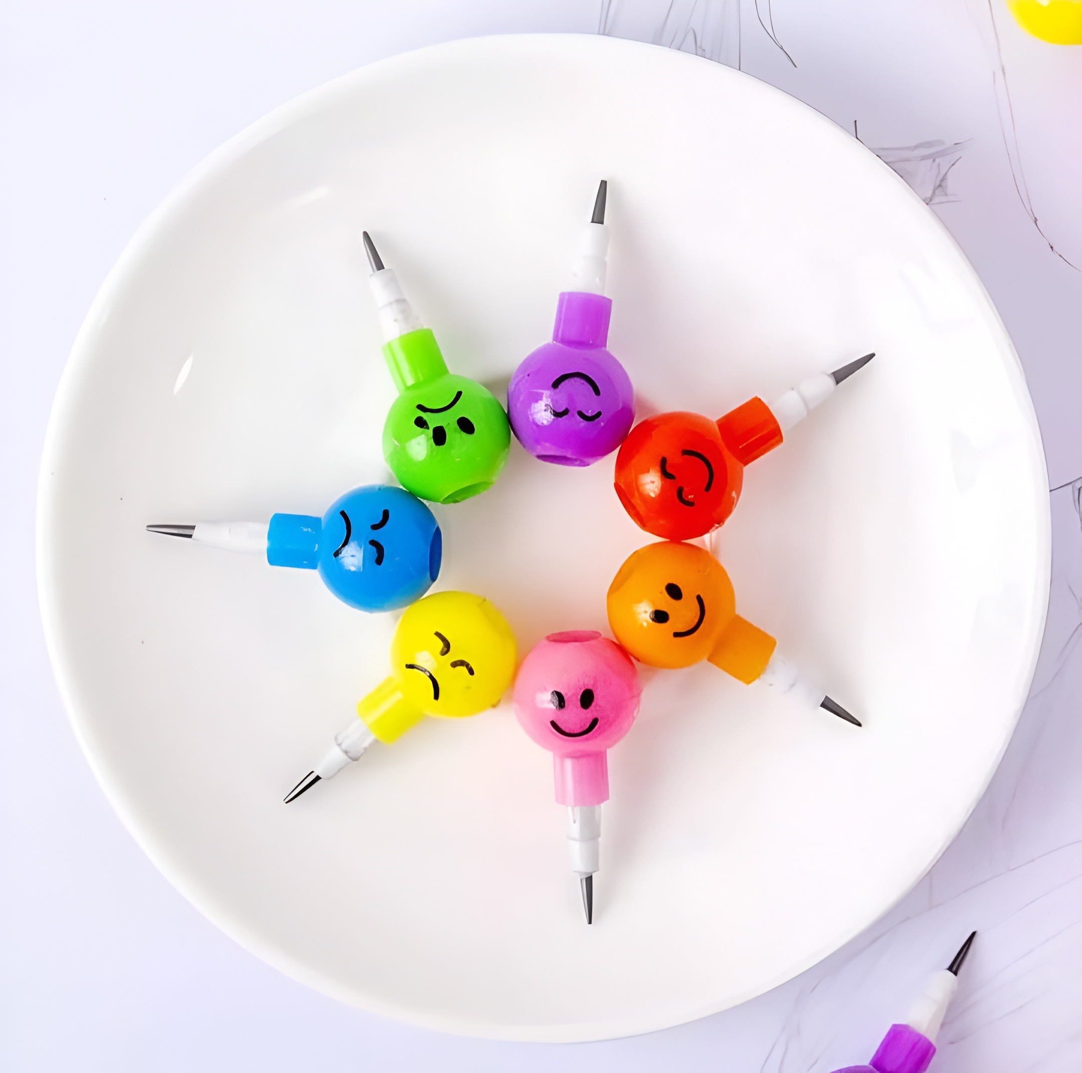 4 Pcs Smiley Cartoon Stationery Pencils – Fun Rainbow Pens with Cute Funny Faces for Kids, Students, and Gifts (Random Color) - Image 2
