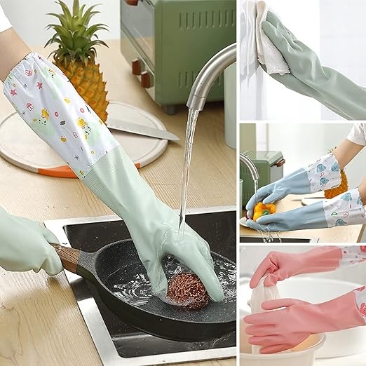Long Reusable Dishwashing Gloves with Warm Fleece Lining – Extra Long Waterproof Rubber Cleaning Gloves, Anti-Slip, Heat Resistant for Kitchen, Laundry, and Household Use (Random Color) - Image 2