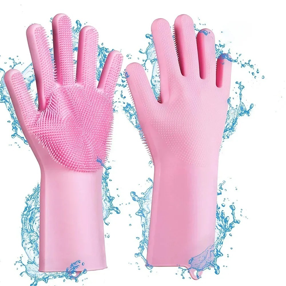 Magic Silicone Dish washing Gloves – Reusable Rubber Cleaning Gloves with Built-In Scrubber for Kitchen & Household Use (Random color) - Image 3
