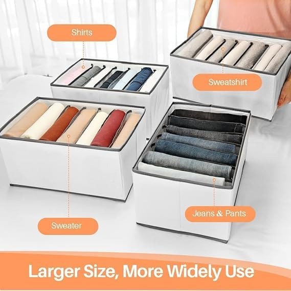 7 Grid Non-Woven Clothes Organizer for Wardrobe – Foldable Storage Box, Milky White, 75 GSM (18x9x9 in) - Image 2