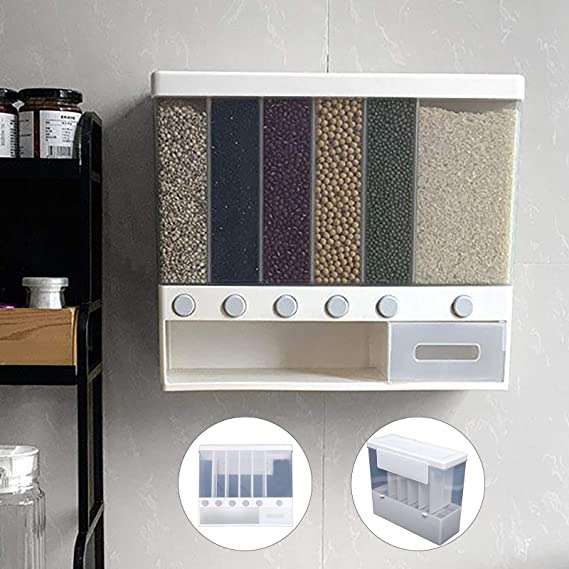 6-in-1 Wall Mounted Food Dispenser – Airtight Dry Food Storage Container for Kitchen | Multi-Section Cereal, Rice & Grain Organizer - Image 3