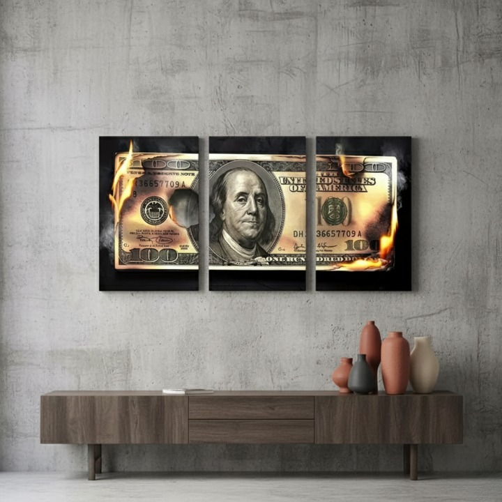 Dollar Wooden Sticky Wall Art – 3 Piece Modern Decorative Frame Set, 8x11 inch Each, Wooden Sticky Frame with Easy Wall Mount Sticky Tape