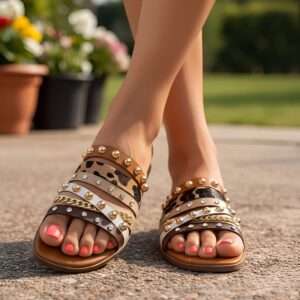 Trendy Style Women’s Slippers – Brown Multi Strap Flat Sandals With Studs & Stones | Comfortable Daily Wear Slides