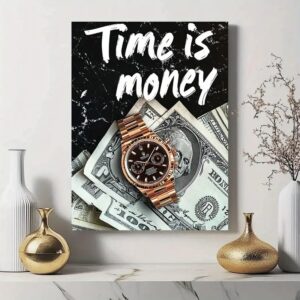 Time is Money Wall Art Frame – Inch Wooden Sticky Tile with Watch & Dollar Design, Self-Adhesive Home Decor