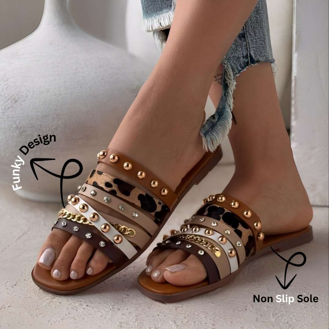 Trendy Style Women’s Slippers – Brown Multi Strap Flat Sandals With Studs & Stones | Comfortable Daily Wear Slides - Image 2