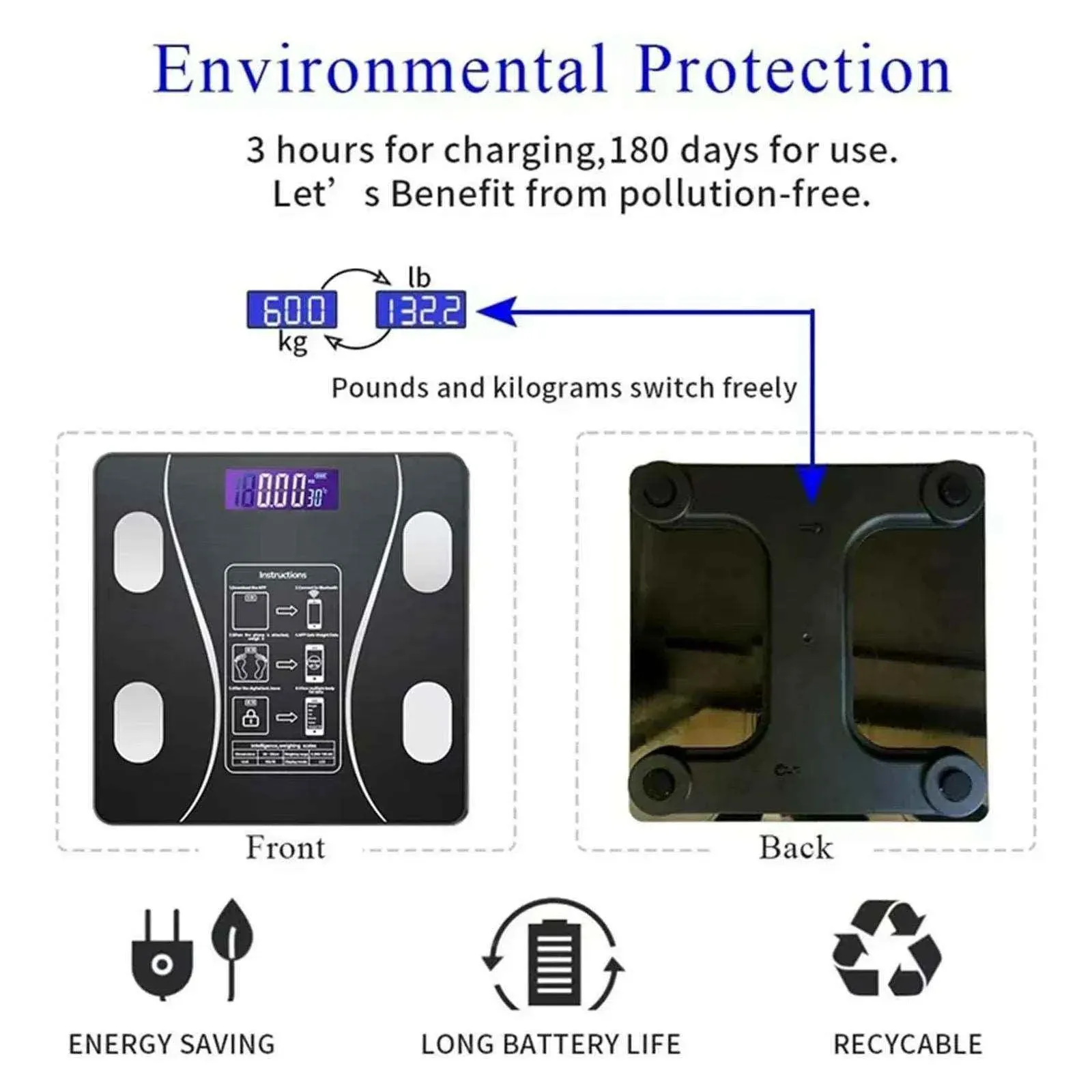 Smart Wireless Bluetooth Digital Weight Scale – Max 180kg, Precision D=50g, Body Weight Monitoring - Image 3