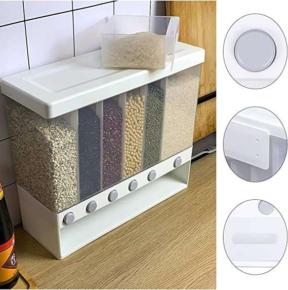 6-in-1 Wall Mounted Food Dispenser – Airtight Dry Food Storage Container for Kitchen | Multi-Section Cereal, Rice & Grain Organizer - Image 5