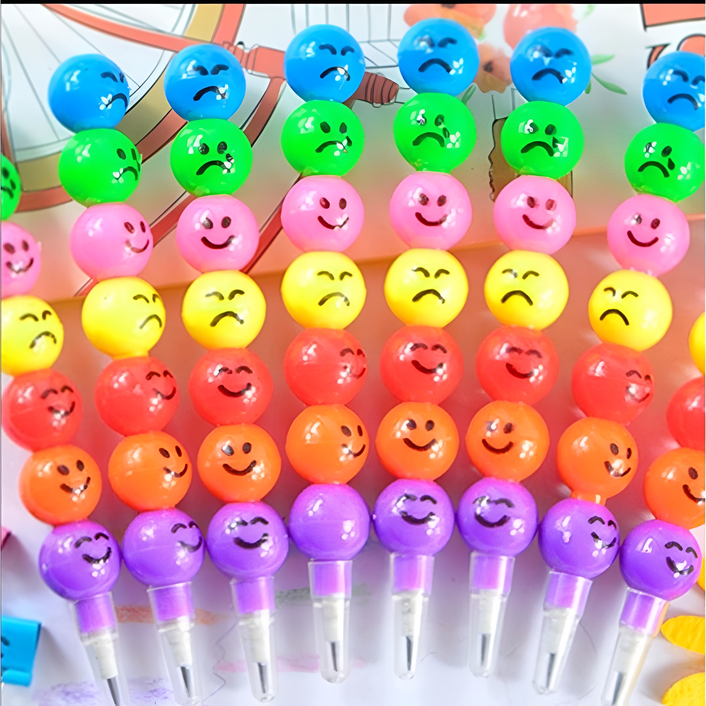 4 Pcs Smiley Cartoon Stationery Pencils – Fun Rainbow Pens with Cute Funny Faces for Kids, Students, and Gifts (Random Color) - Image 3