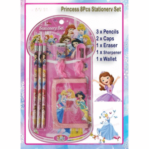 8 Pcs Disney Stationery Gift Set for Kids – Includes Pencils, Eraser, Sharpener, Pencil Caps & Wallet (Random Character)