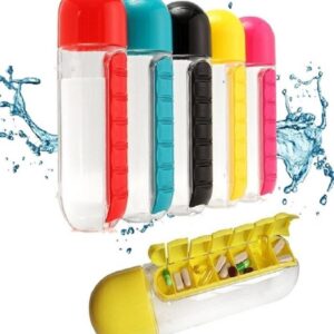 2-in-1 Medicine Organizer with Water Bottle – 7 Days Pill Box, 600ml BPA-Free Drinking Bottle, Removable Cup, Compact Travel Pill Planner for Kids, Adults & Elderly