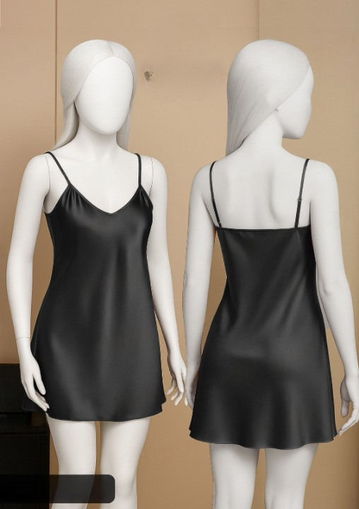 Black Satin Slip Dress – Sleeveless Camisole with Adjustable Thin Straps | Free Size - Image 5