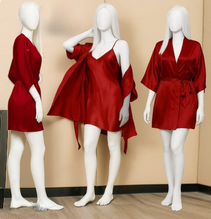 Premium Satin Sleepwear Set – Robe & Spaghetti Strap Nightdress Combo for Women – Free Size (DC-2004)